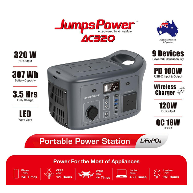 Buy 320W Portable Power Station JumpsPower Wireless Battery Charger 307Wh LED Light discounted | Products On Sale Australia