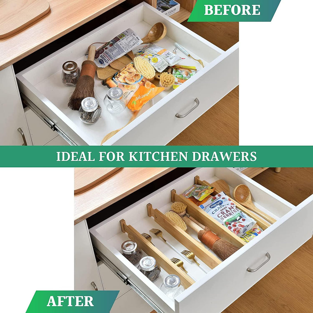 Buy 4 Pack Bamboo Adjustable Kitchen Drawer Dividers (Large, 44-55 cm) discounted | Products On Sale Australia