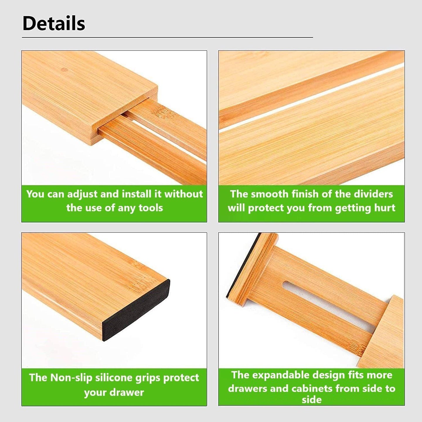 Buy 4 Pack Bamboo Adjustable Kitchen Drawer Dividers (Large, 44-55 cm) discounted | Products On Sale Australia