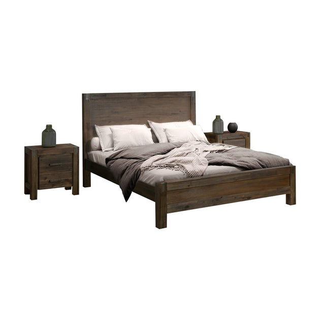 Buy 4 Pieces Bedroom Suite in Solid Wood Veneered Acacia Construction Timber Slat Double Size Chocolate Colour Bed, Bedside Table & Tallboy discounted | Products On Sale Australia