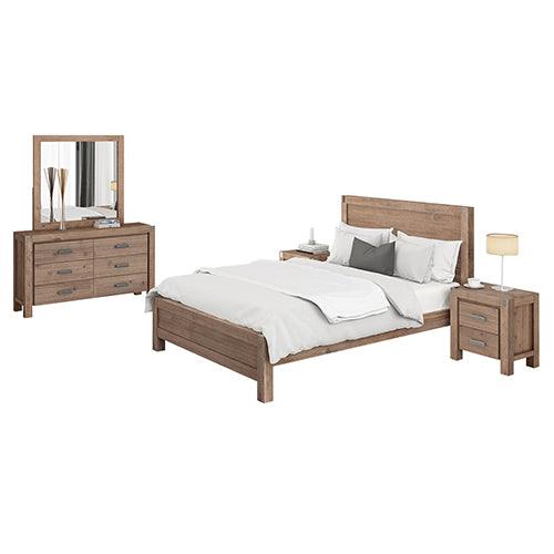 Buy 4 Pieces Bedroom Suite in Solid Wood Veneered Acacia Construction Timber Slat Double Size Oak Colour Bed, Bedside Table & Dresser discounted | Products On Sale Australia