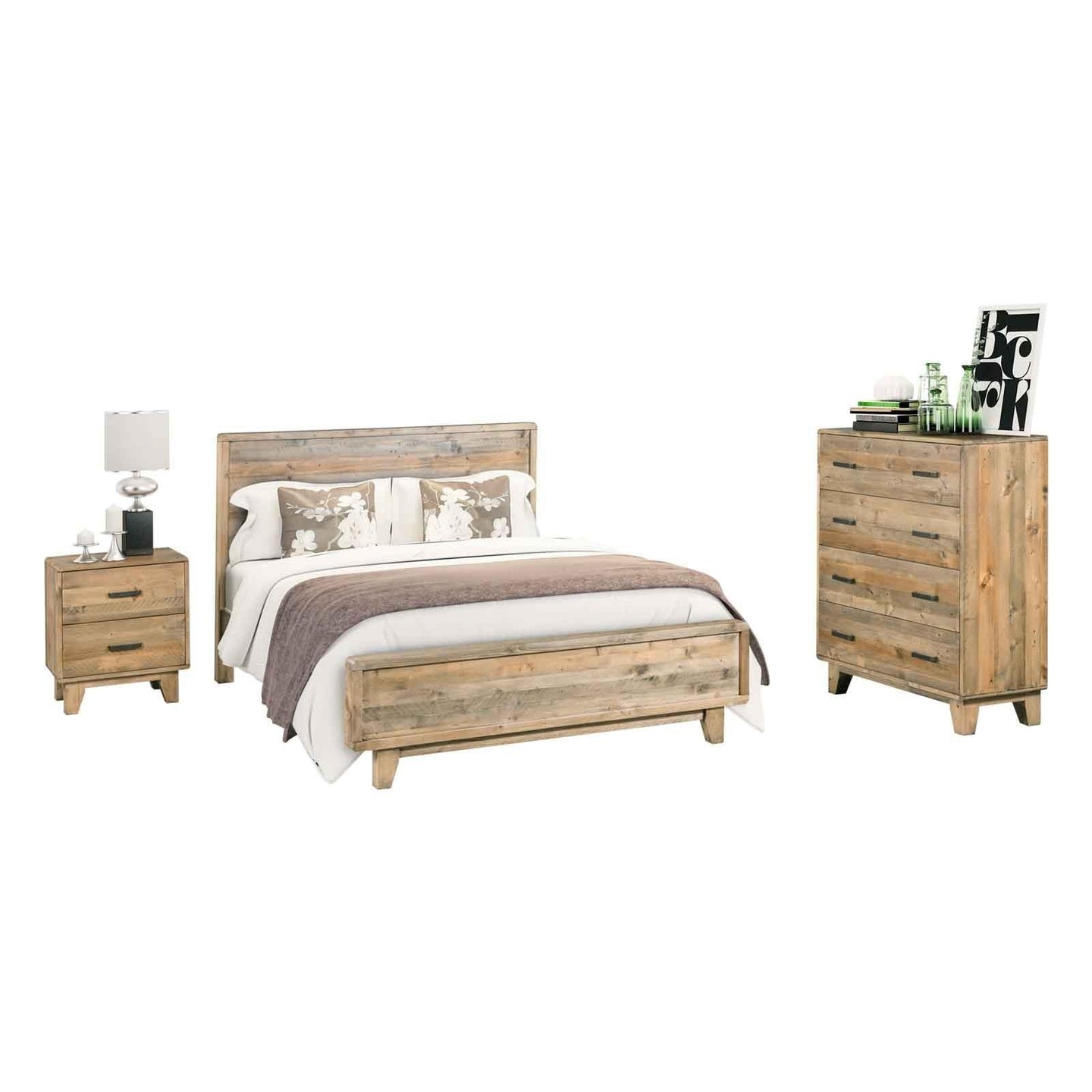 Buy 4 Pieces Bedroom Suite Queen Size in Solid Wood Antique Design Light Brown Bed, Bedside Table & Tallboy discounted | Products On Sale Australia