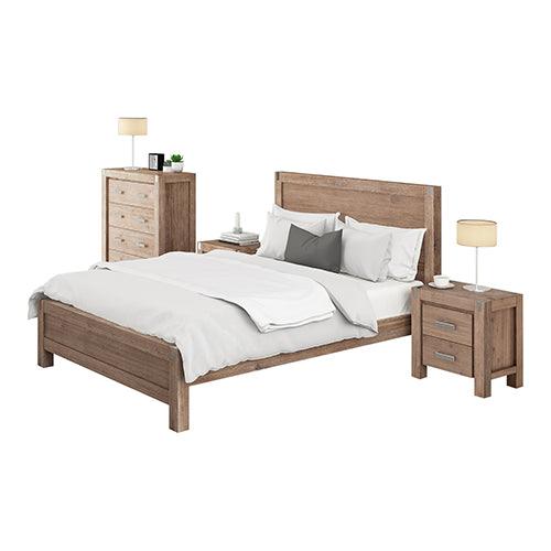 Buy 5 Pieces Bedroom Suite in Solid Wood Veneered Acacia Construction Timber Slat Double Size Oak Colour Bed, Bedside Table, Tallboy & Dresser discounted | Products On Sale Australia