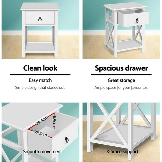 Buy Artiss 2 X Bedside Table 1 Drawer with Shelf - EMMA White discounted | Products On Sale Australia