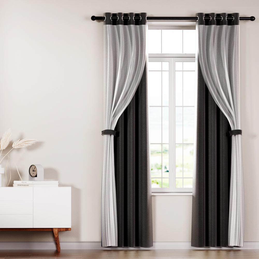 Buy Artiss 2X 132x304cm Blockout Sheer Curtains Black discounted | Products On Sale Australia