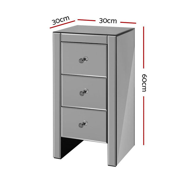 Buy Artiss Bedside Table 3 Drawers Mirrored Glass - QUENN Grey discounted | Products On Sale Australia