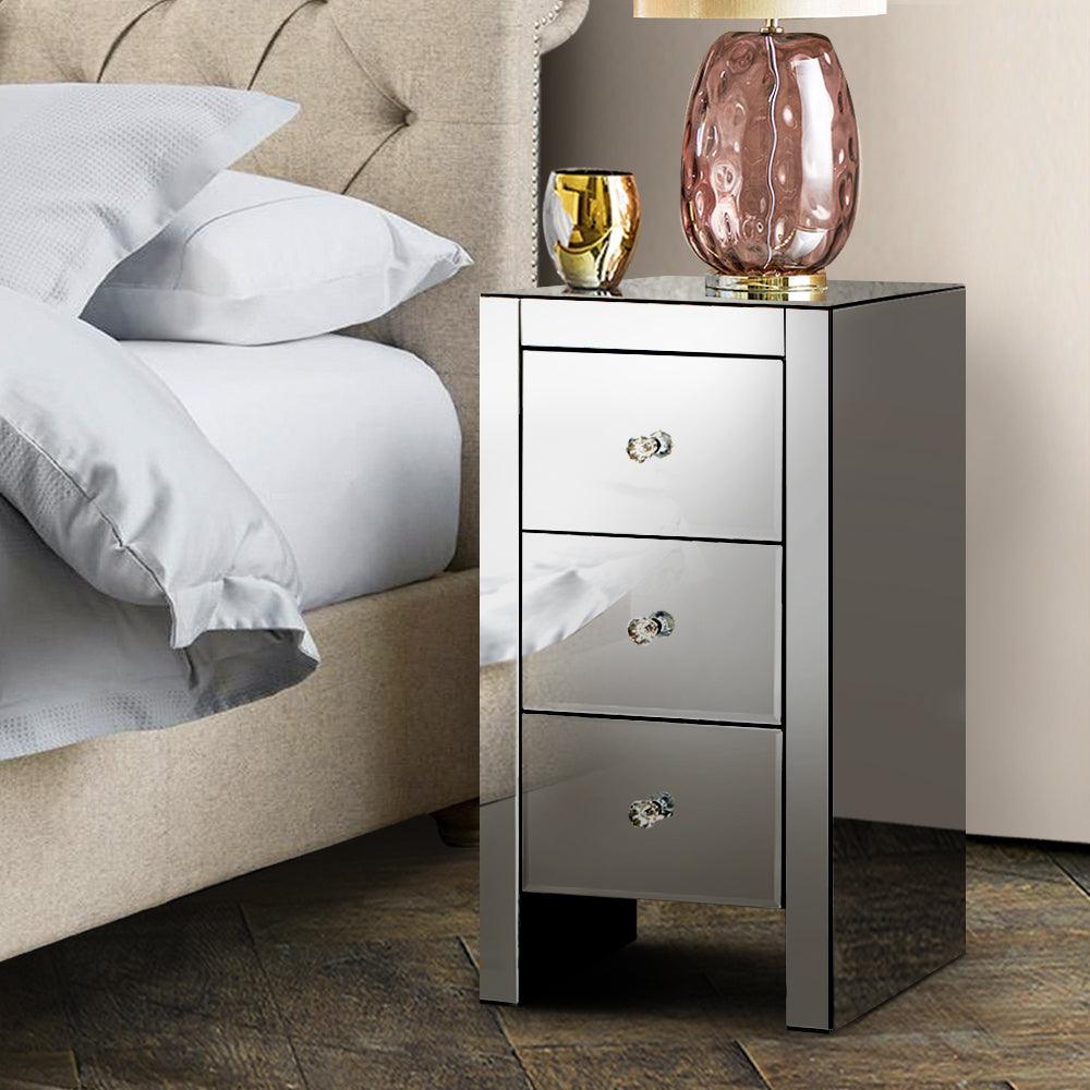 Buy Artiss Bedside Table 3 Drawers Mirrored Glass - QUENN Grey discounted | Products On Sale Australia