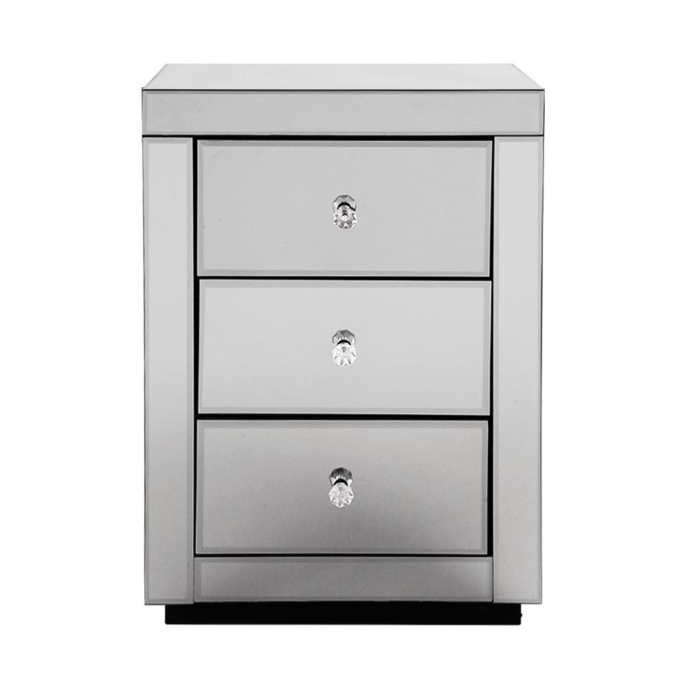 Buy Artiss Bedside Table 3 Drawers Mirrored - PRESIA Grey discounted | Products On Sale Australia