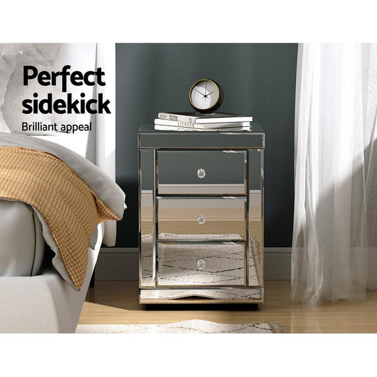 Buy Artiss Bedside Table 3 Drawers Mirrored - PRESIA Silver discounted | Products On Sale Australia