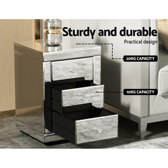 Buy Artiss Bedside Table 3 Drawers Mirrored - PRESIA Silver discounted | Products On Sale Australia