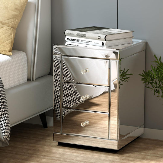 Buy Artiss Bedside Table 3 Drawers Mirrored - PRESIA Silver discounted | Products On Sale Australia