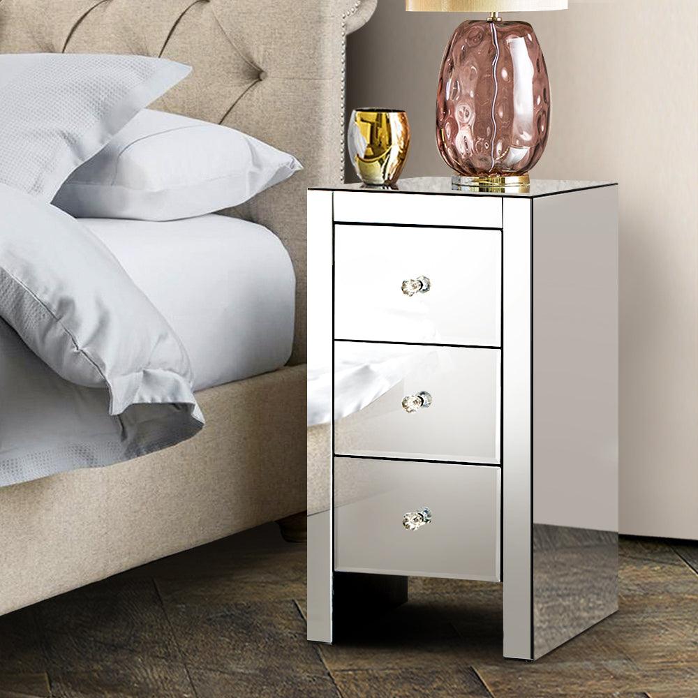 Buy Artiss Bedside Table 3 Drawers Mirrored - QUENN Silver discounted | Products On Sale Australia