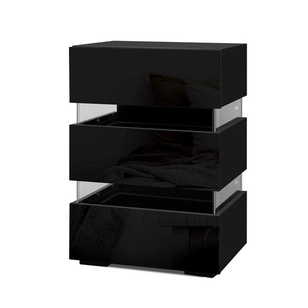 Artiss Bedside Table LED 3 Drawers - LUMI Black Products On Sale Australia | Furniture > Bedroom Category