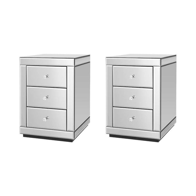 Buy Artiss Set of 2 Bedside Table 3 Drawers Mirrored Glass - PRESIA Silver discounted | Products On Sale Australia