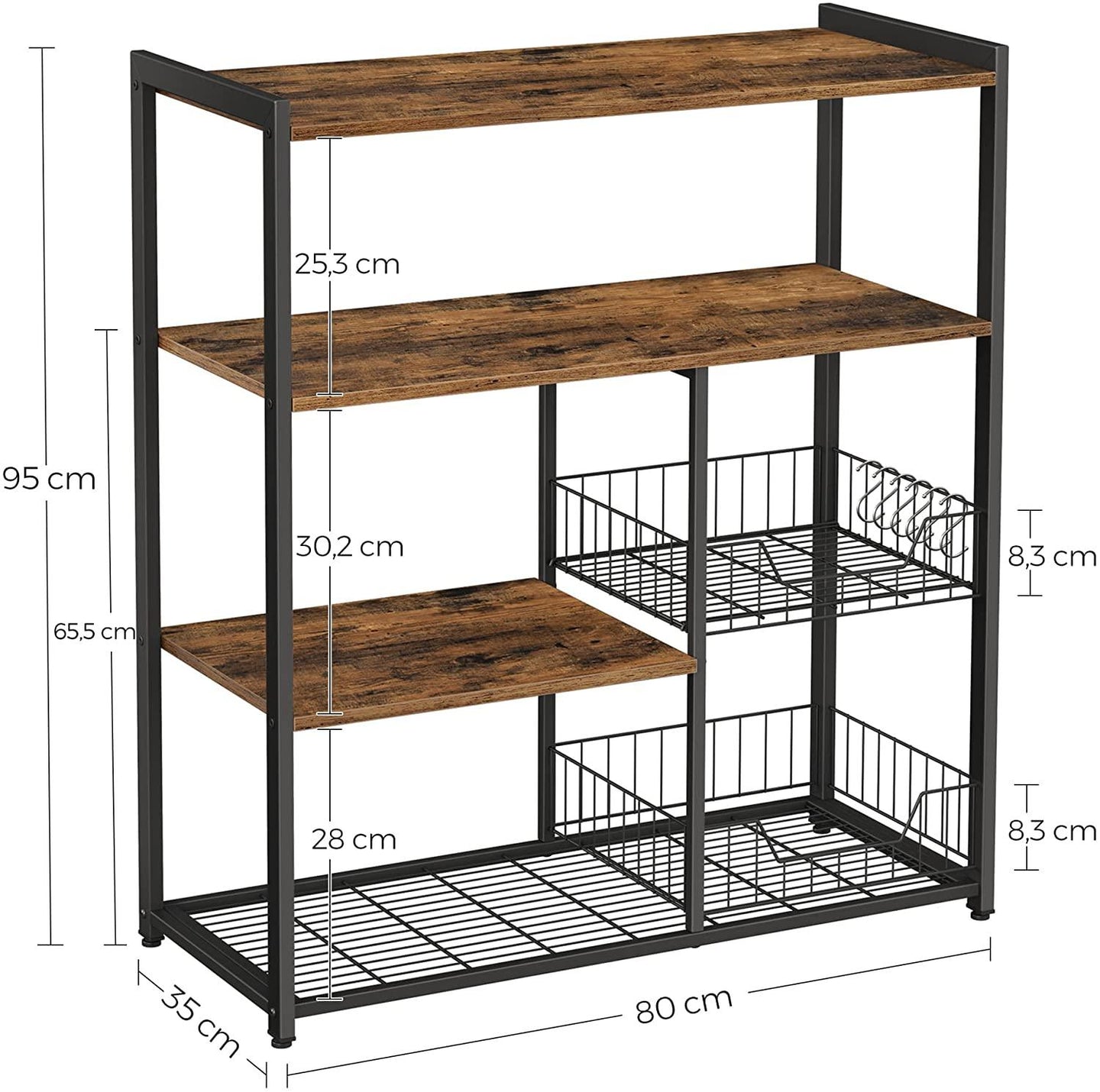 Buy Baker's Rack with 2 Metal Mesh Baskets, Shelves and Hooks, 80 x 35 x 95 cm, Industrial Style, Rustic Brown discounted | Products On Sale Australia