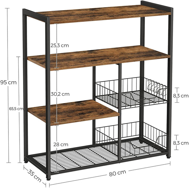 Buy Baker's Rack with 2 Metal Mesh Baskets, Shelves and Hooks, 80 x 35 x 95 cm, Industrial Style, Rustic Brown discounted | Products On Sale Australia