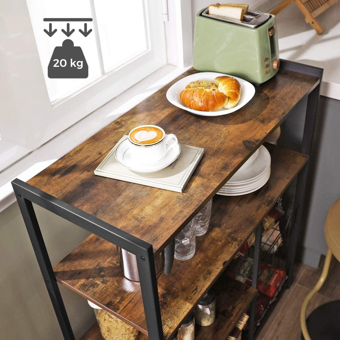 Buy Baker's Rack with 2 Metal Mesh Baskets, Shelves and Hooks, 80 x 35 x 95 cm, Industrial Style, Rustic Brown discounted | Products On Sale Australia