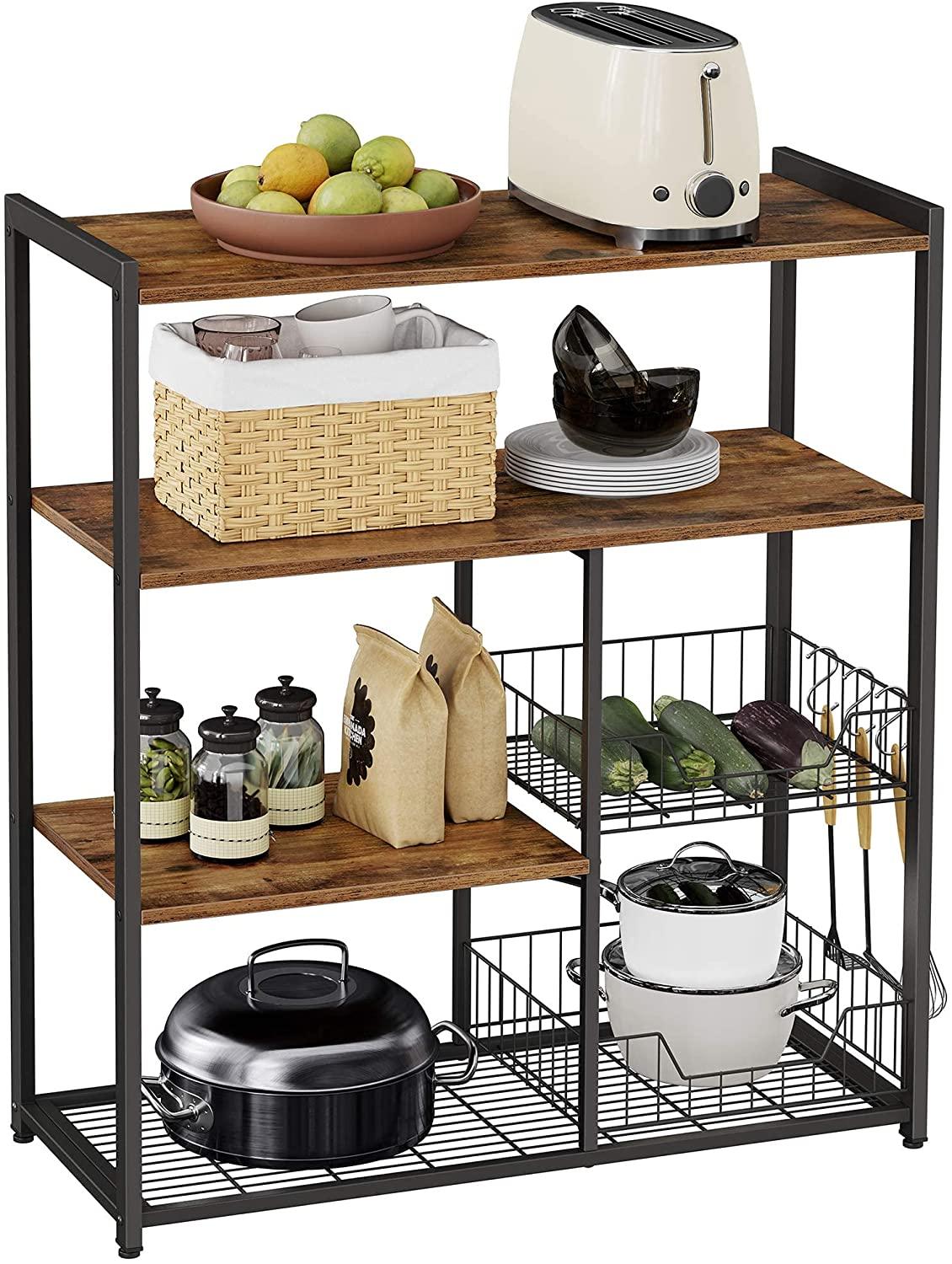 Buy Baker's Rack with 2 Metal Mesh Baskets, Shelves and Hooks, 80 x 35 x 95 cm, Industrial Style, Rustic Brown discounted | Products On Sale Australia