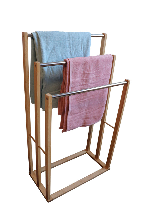 Buy Bamboo Towel Bar Metal Holder Rack 3-Tier Freestanding for Bathroom and Bedroom discounted | Products On Sale Australia