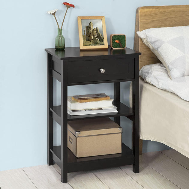 Black Bedside Table with 1 Drawer and 2 Shelves Products On Sale Australia | Furniture > Bedroom Category