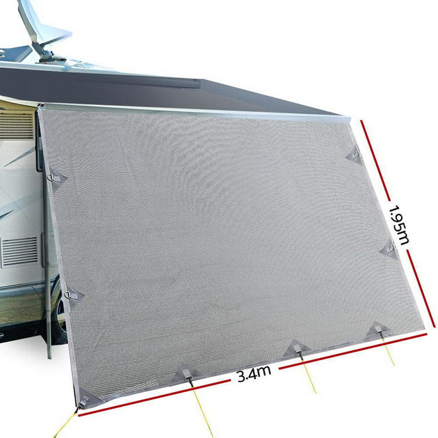 Buy Caravan Privacy Screen Roll Out Awning 3.4x1.95M End Wall Side Sun Shade Grey discounted | Products On Sale Australia