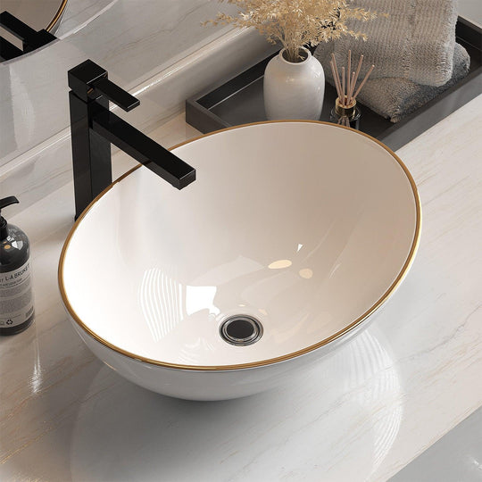 Buy Cefito Bathroom Basin Ceramic Vanity Sink Hand Wash Bowl Gold Line 41x34cm discounted | Products On Sale Australia