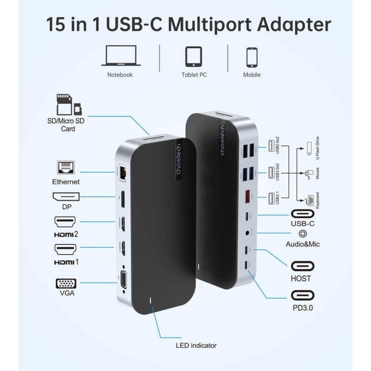 Buy CHOETECH HUB-M52 15-in-1 Laptop USB-C Docking Station discounted | Products On Sale Australia