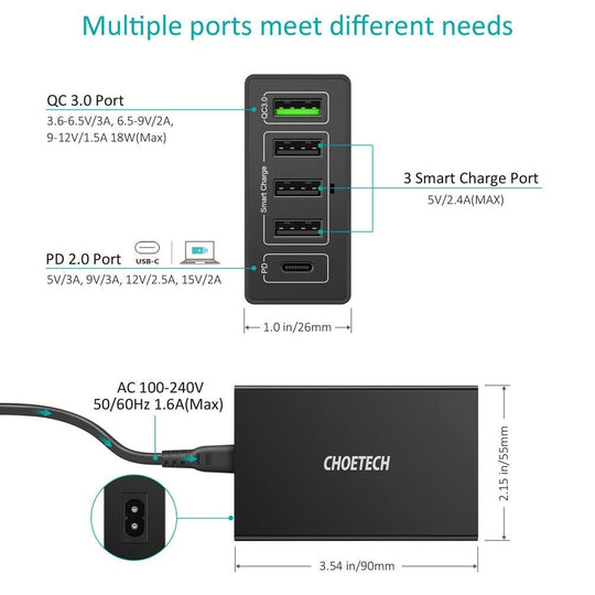 Buy CHOETECH Q34U2Q 5-Port 60W PD Charger with 30W Power Delivery and 18W Quick Charge 3.0 discounted | Products On Sale Australia