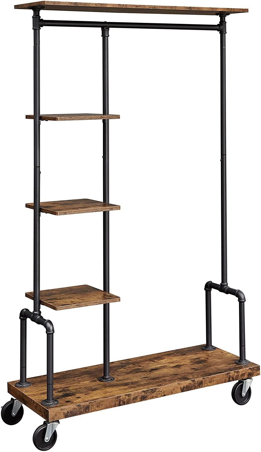 Buy Clothing Garment Rack on Wheels with 5-Tier, Industrial Pipe Style, Rustic Brown discounted | Products On Sale Australia