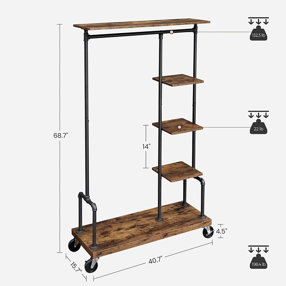 Buy Clothing Garment Rack on Wheels with 5-Tier, Industrial Pipe Style, Rustic Brown discounted | Products On Sale Australia