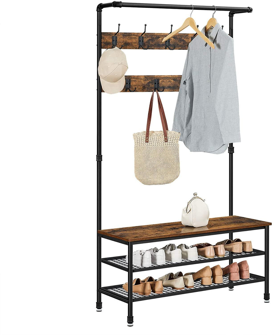 Buy Coat Rack Stand with 9 Hooks and Shoe Rack with Industrial Style Sturdy Steel Frame discounted | Products On Sale Australia