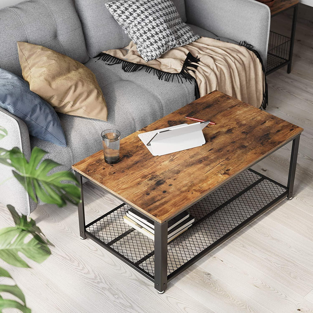 Buy Coffee Table with Metal Frame Storage Shelf Rustic Brown discounted | Products On Sale Australia