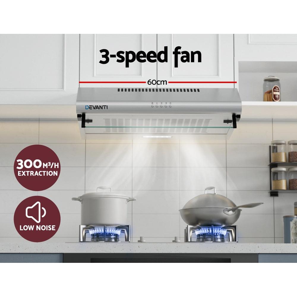 Buy Devanti 600mm Range Hood 60cm Rangehood Kitchen Canopy LED Light Stainless Steel discounted | Products On Sale Australia