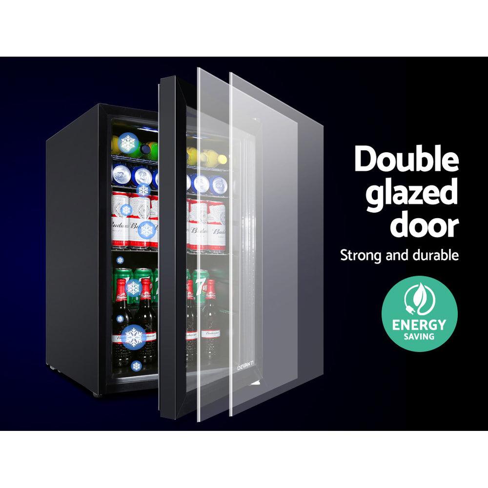 Buy Devanti 70L Bar Fridge Glass Door w/Light Black discounted | Products On Sale Australia