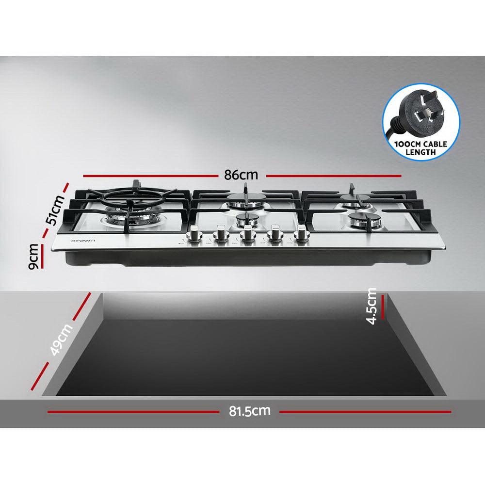 Buy Devanti Gas Cooktop 90cm 5 Burner Silvir discounted | Products On Sale Australia