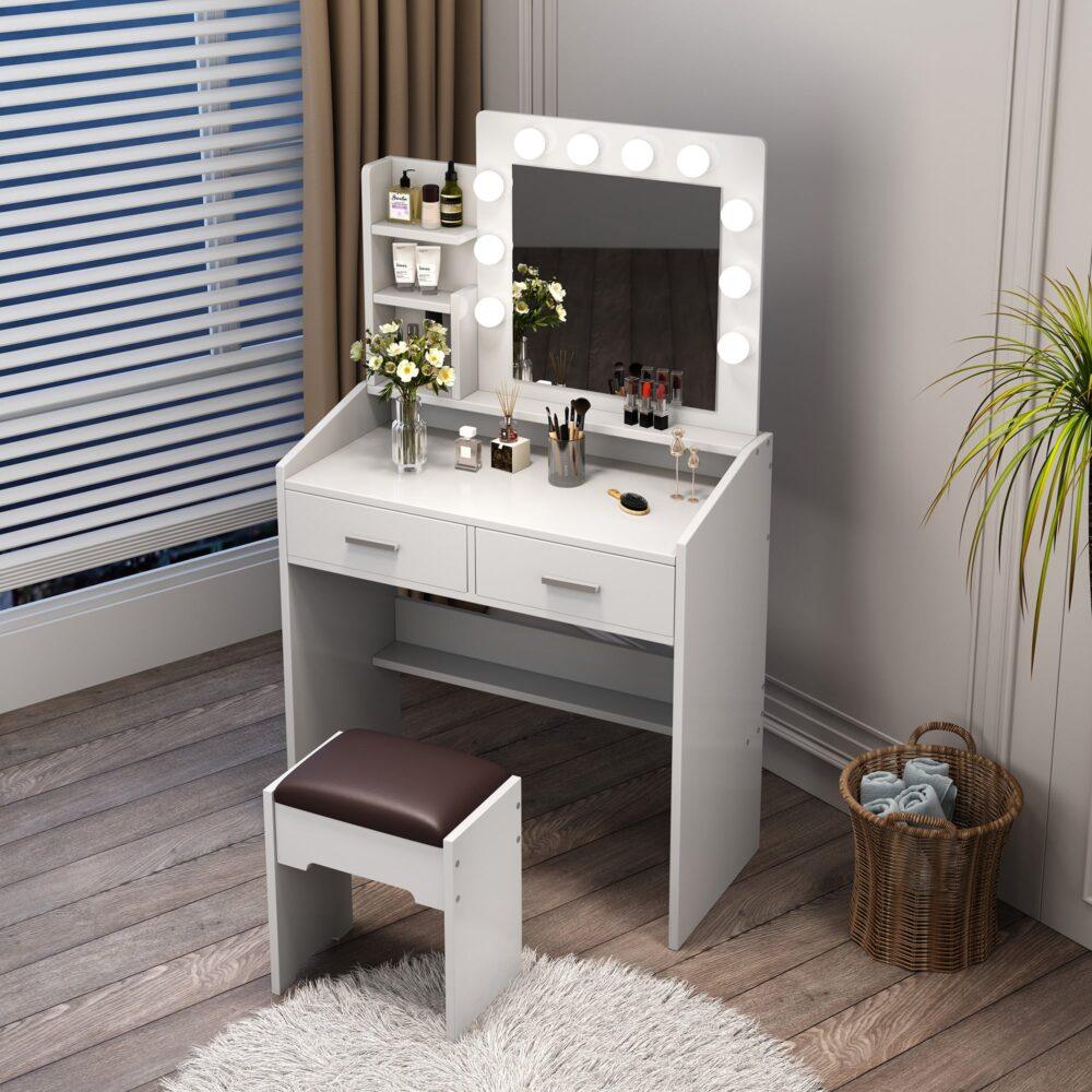 Buy Diana Vanity Set with Shelves Cushioned Stool and Lighted Mirror- White discounted | Products On Sale Australia