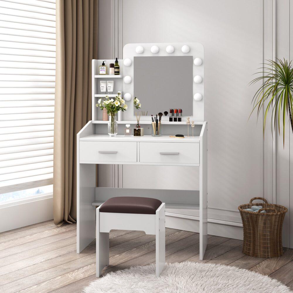 Buy Diana Vanity Set with Shelves Cushioned Stool and Lighted Mirror- White discounted | Products On Sale Australia