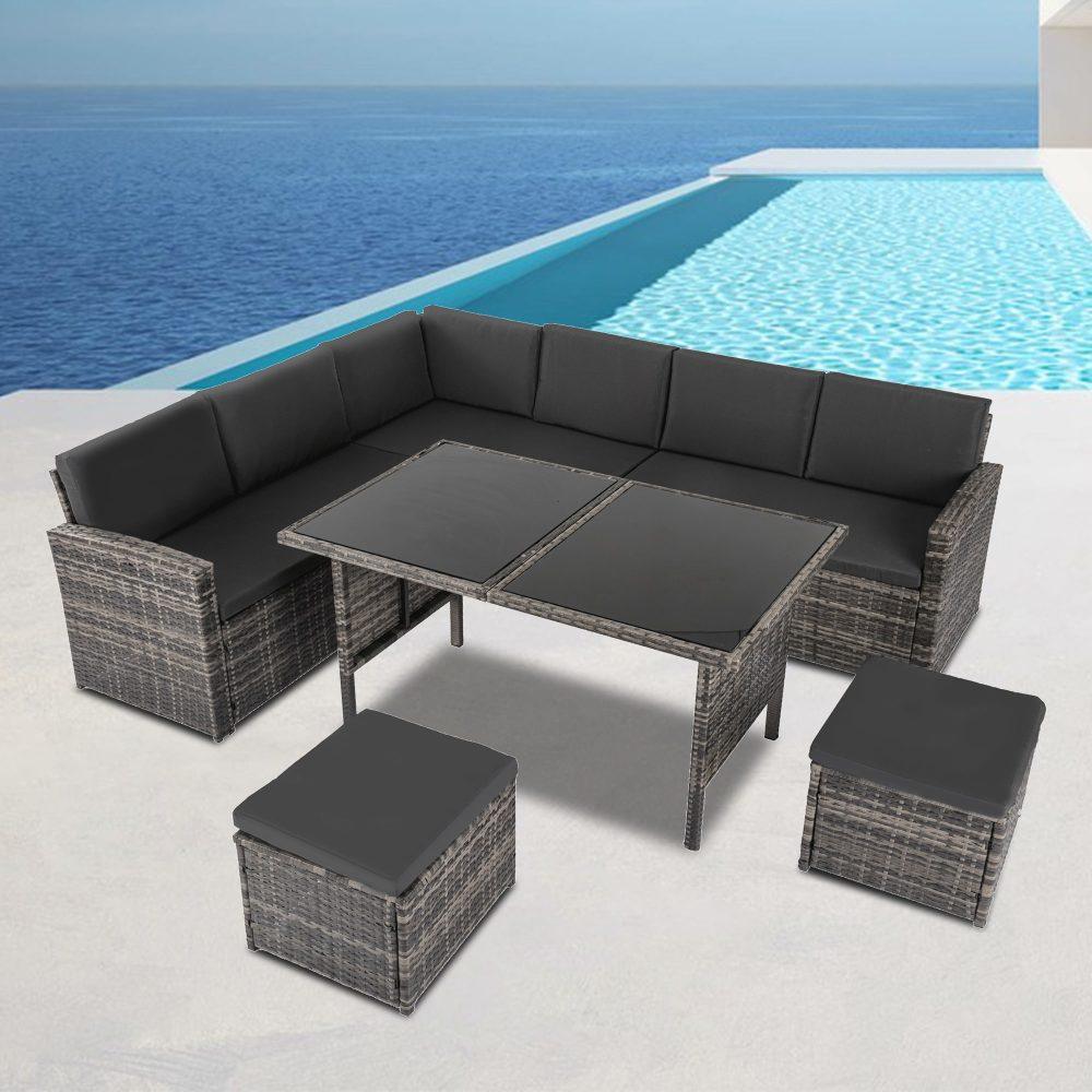 Buy Ella 8-Seater Modular Outdoor Garden Lounge and Dining Set with Table and Stools in Dark Grey Weave discounted | Products On Sale Australia