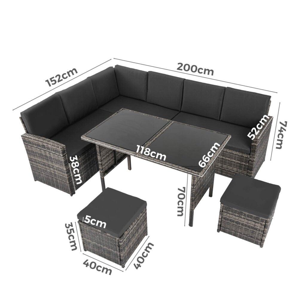 Buy Ella 8-Seater Modular Outdoor Garden Lounge and Dining Set with Table and Stools in Dark Grey Weave discounted | Products On Sale Australia