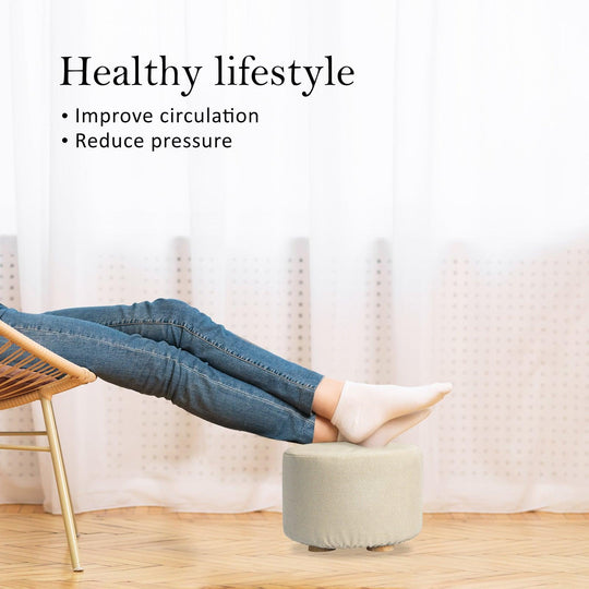 Buy Fabric Ottoman Round Wooden Leg Foot Stool - BEIGE discounted | Products On Sale Australia