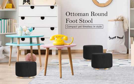 Buy Fabric Ottoman Round Wooden Leg Foot Stool - BLACK discounted | Products On Sale Australia