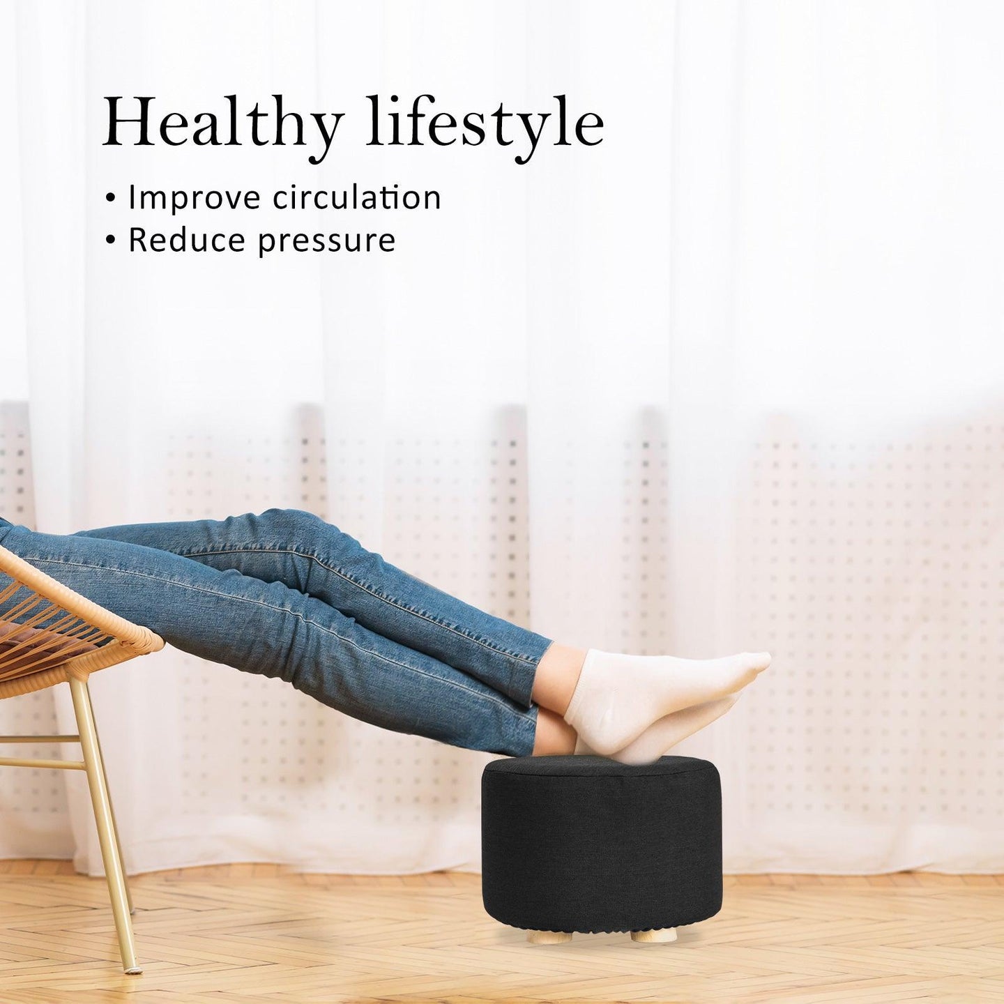 Buy Fabric Ottoman Round Wooden Leg Foot Stool - BLACK discounted | Products On Sale Australia