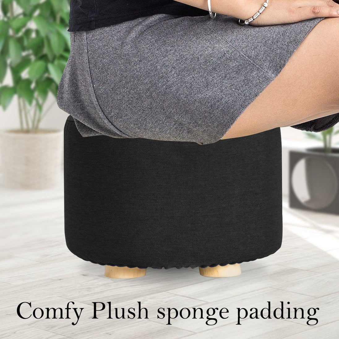 Buy Fabric Ottoman Round Wooden Leg Foot Stool - BLACK discounted | Products On Sale Australia