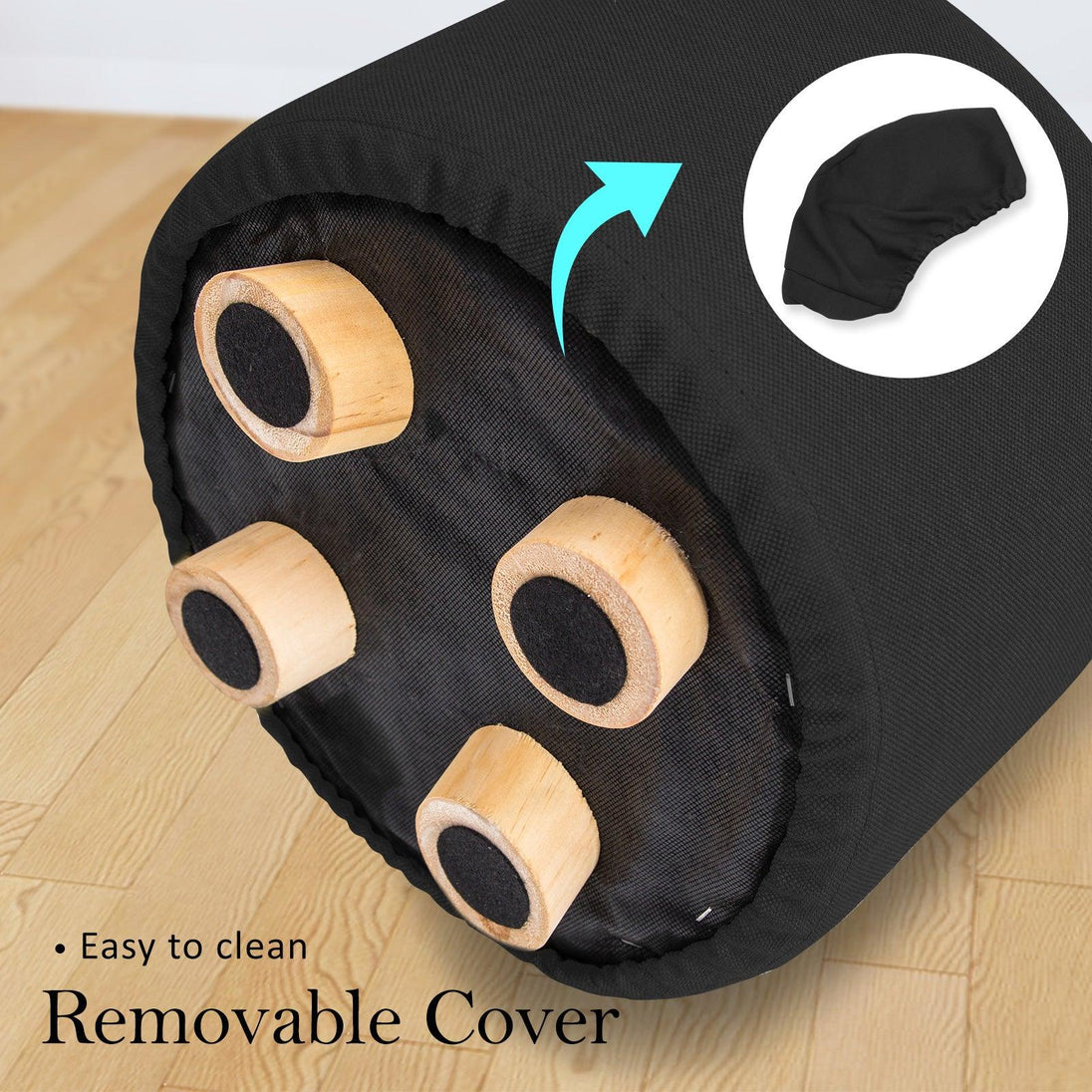 Buy Fabric Ottoman Round Wooden Leg Foot Stool - BLACK discounted | Products On Sale Australia