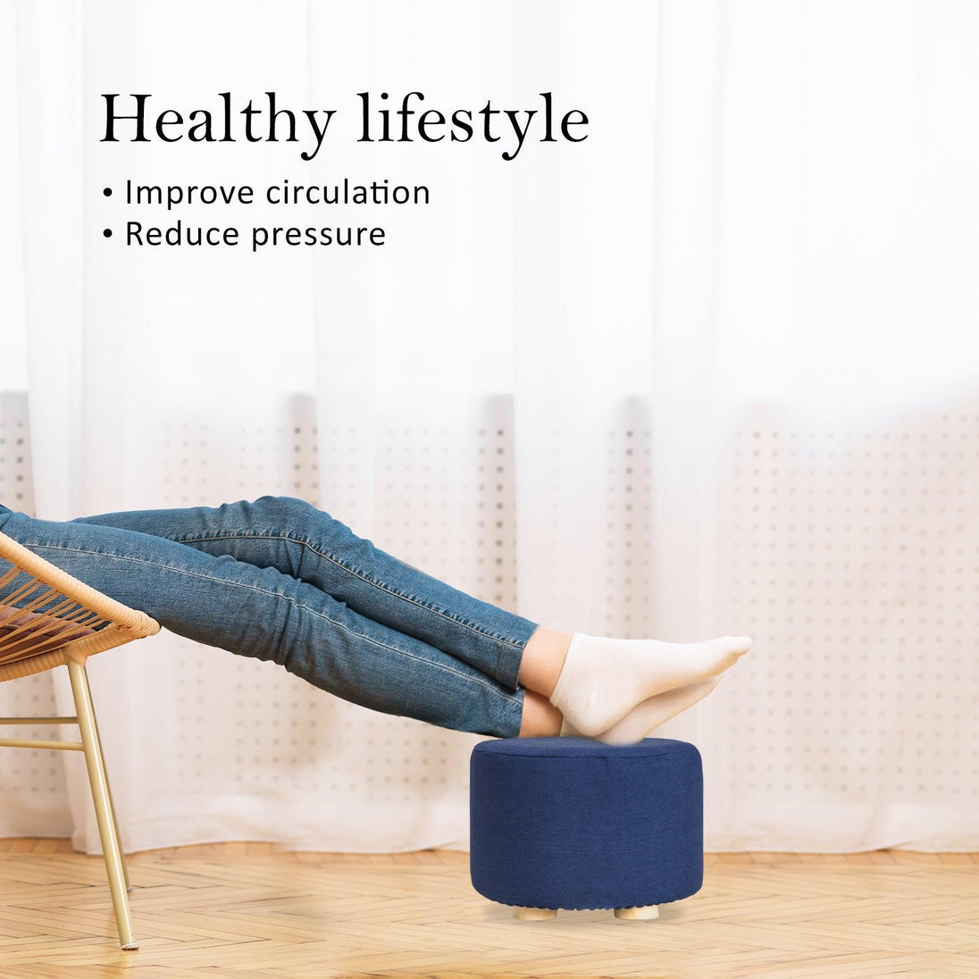 Buy Fabric Ottoman Round Wooden Leg Foot Stool - DARK BLUE discounted | Products On Sale Australia