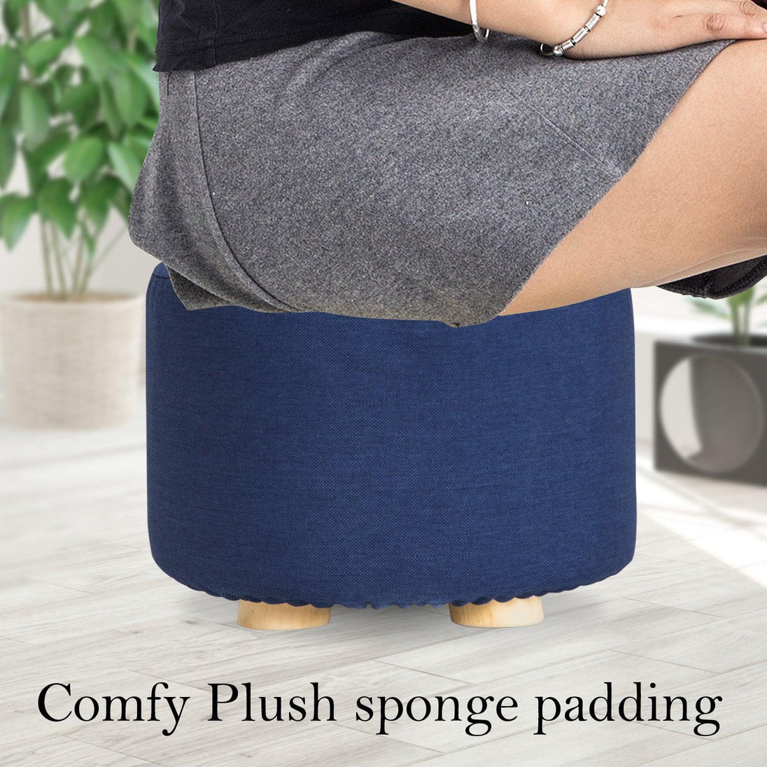 Buy Fabric Ottoman Round Wooden Leg Foot Stool - DARK BLUE discounted | Products On Sale Australia