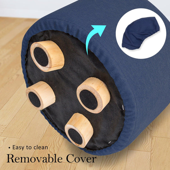 Buy Fabric Ottoman Round Wooden Leg Foot Stool - DARK BLUE discounted | Products On Sale Australia