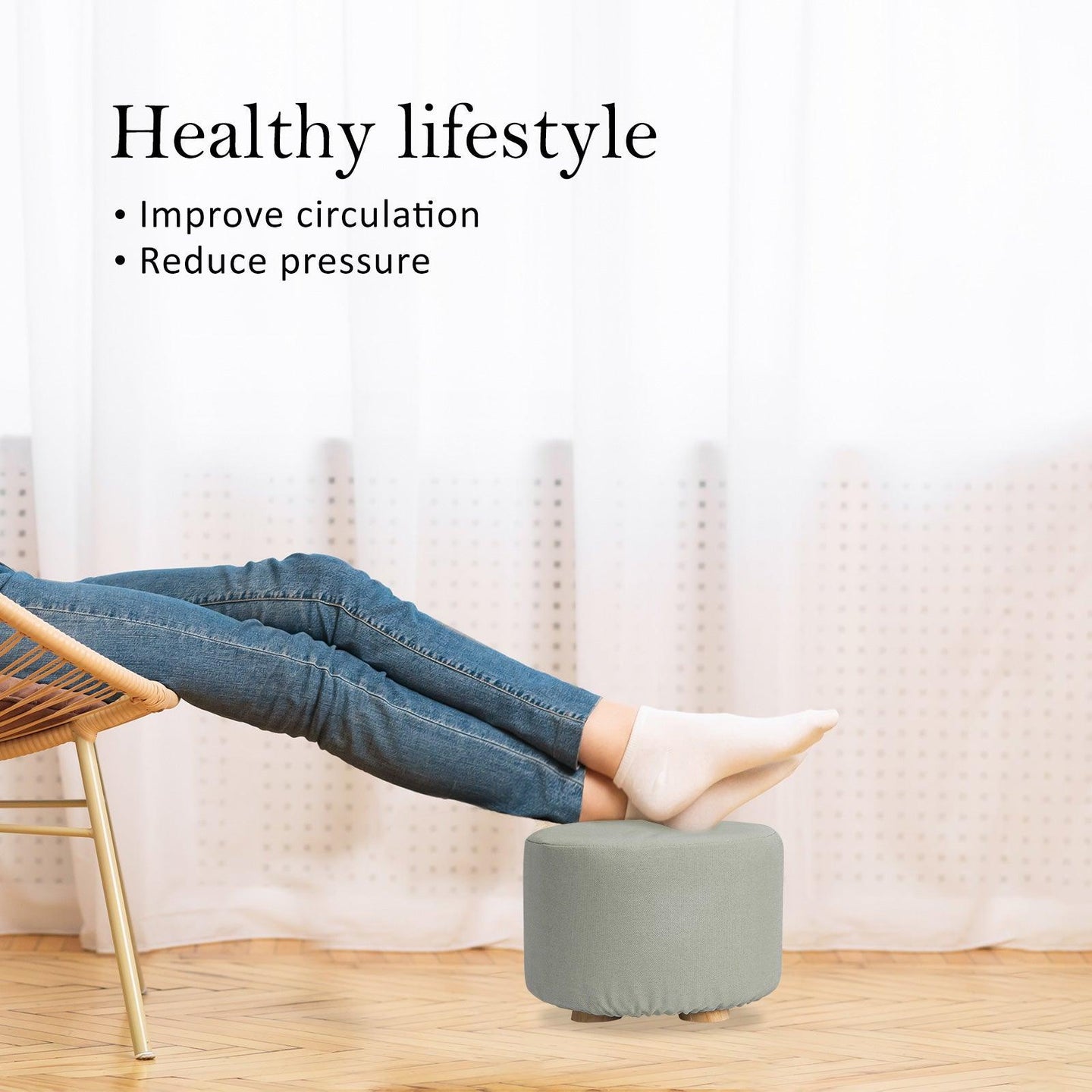 Buy Fabric Ottoman Round Wooden Leg Foot Stool - GREY discounted | Products On Sale Australia