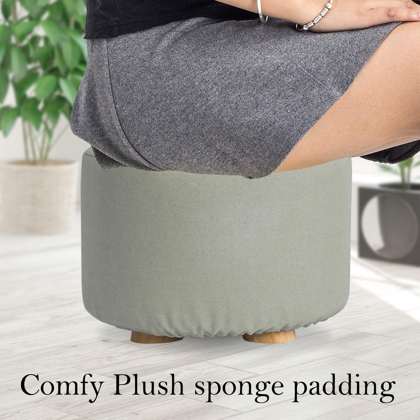 Buy Fabric Ottoman Round Wooden Leg Foot Stool - GREY discounted | Products On Sale Australia