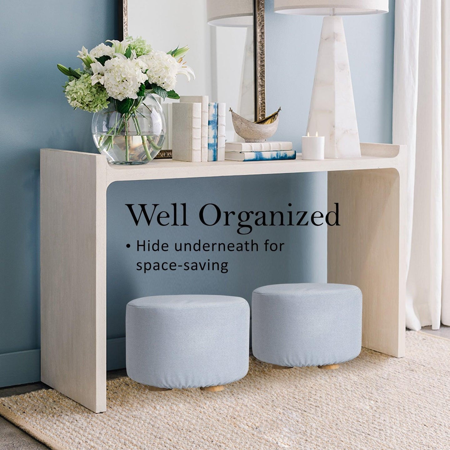 Buy Fabric Ottoman Round Wooden Leg Foot Stool - LIGHT BLUE discounted | Products On Sale Australia